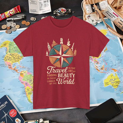 Travel Is the Art of Finding Beauty – Vintage Compass Rose & World Landmark Tee | Layover Club Air Travel T-Shirts | Jetsetter, Airport, and International Flight Tees