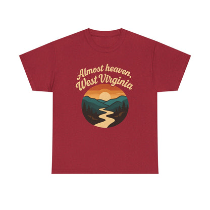 Almost Heaven, West Virginia T-Shirt – Vintage Appalachian Sunset with Winding River Road Trip & Vehicle Travel T-Shirts | Car, RV, and Motorcycle Adventure Tees