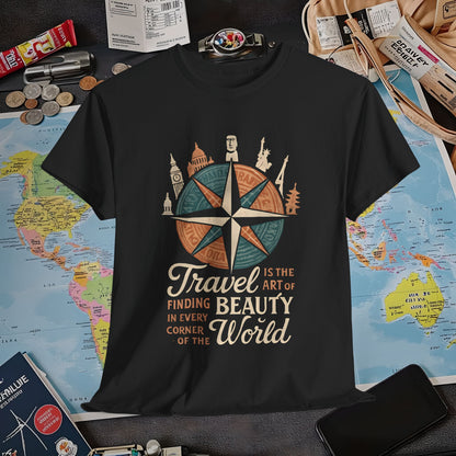 Travel Is the Art of Finding Beauty – Vintage Compass Rose & World Landmark Tee | Layover Club Air Travel T-Shirts | Jetsetter, Airport, and International Flight Tees
