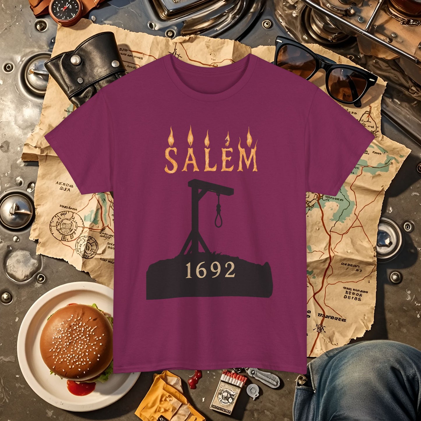 Salem 1692 Gothic Noose & Candle Flame Typography Tee – Witch Trials Dark History Shirt | Car, RV, and Motorcycle Adventure Tees