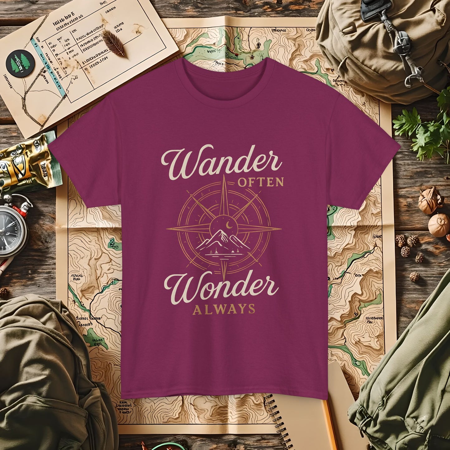 Wander Often, Wonder Always – Compass Quote Travel Tee | Camping, Hiking, Rafting & Kayaking Tees for Nature Lovers