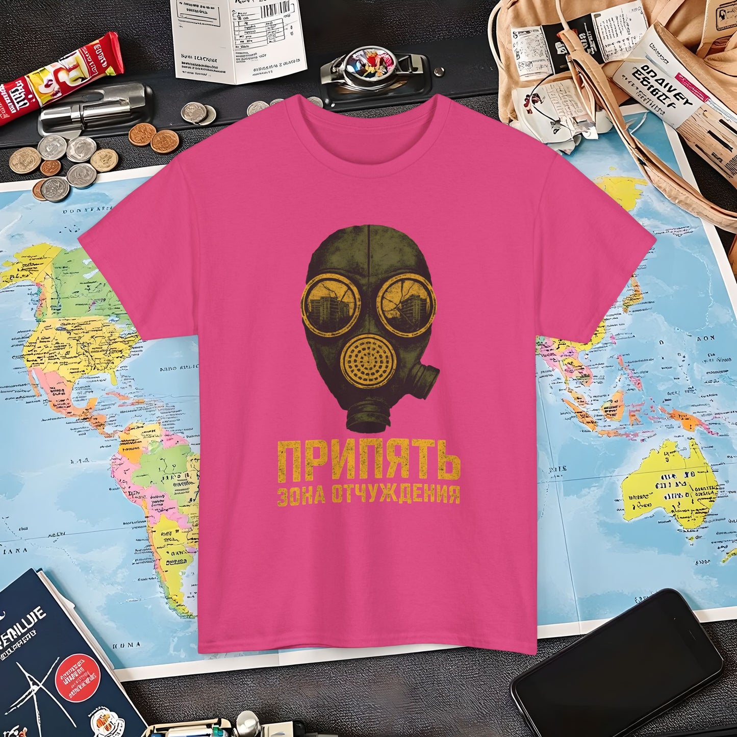 Pripyat Gas Mask with Ruined Apartment Reflection Tee – Chernobyl Dark Tourism Shirt | Layover Club Air Travel T-Shirts | Jetsetter, Airport, and International Flight Tees
