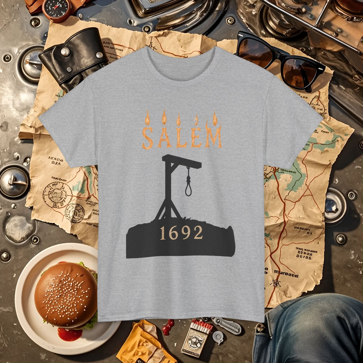 Salem 1692 Gothic Noose & Candle Flame Typography Tee – Witch Trials Dark History Shirt | Car, RV, and Motorcycle Adventure Tees