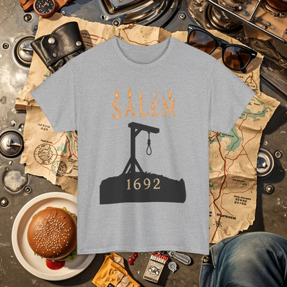 Salem 1692 Gothic Noose & Candle Flame Typography Tee – Witch Trials Dark History Shirt | Car, RV, and Motorcycle Adventure Tees