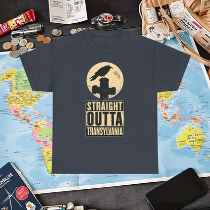 Straight Outta Transylvania Raven Cross Tee – Gothic Travel Romania Shirt | Layover Club Air Travel T-Shirts | Jetsetter, Airport, and International Flight Tees