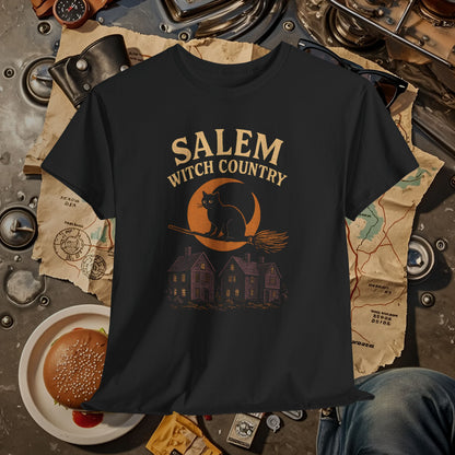 Salem Witch Country Black Cat & Moon Graphic Tee – Gothic Massachusetts Travel Shirt | Car, RV, and Motorcycle Adventure Tees