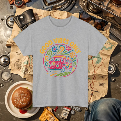 Good Vibes Only T-Shirt – Retro Hippie Van with 70s-Inspired Positivity Road Trip & Vehicle Travel T-Shirts | Car, RV, and Motorcycle Adventure Tees