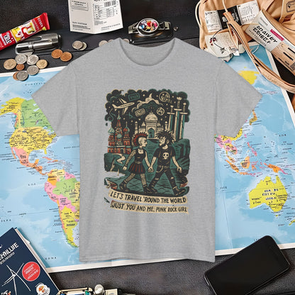 Let’s Travel 'Round the World, Just You and Me – Punk Rock Girl Global Adventure Tee Air Travel T-Shirts | Jetsetter, Airport, and International Flight Tees