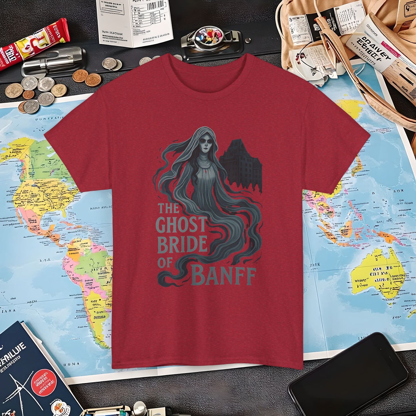 Ghostly Bride at Banff Springs Hotel Shirt – Haunted Canadian Hotel Dark Tourism Tee | Layover Club Air Travel T-Shirts | Jetsetter, Airport, and International Flight Tees