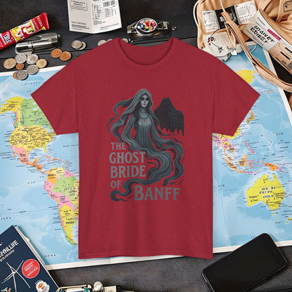 Ghostly Bride at Banff Springs Hotel Shirt – Haunted Canadian Hotel Dark Tourism Tee | Layover Club Air Travel T-Shirts | Jetsetter, Airport, and International Flight Tees