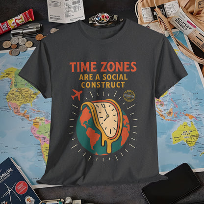 Time Zones Are a Social Construct Tee – Melting Clock Over World Map Travel Shirt Air Travel T-Shirts | Jetsetter, Airport, and International Flight Tees