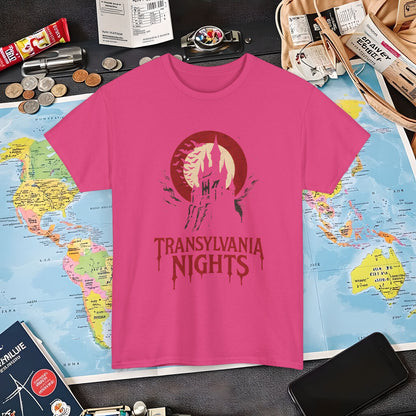 Gothic Transylvania Castle under Crimson Moon Tee – Dark Travel Romania Shirt | Layover Club Air Travel T-Shirts | Jetsetter, Airport, and International Flight Tees