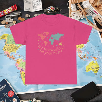 Let the World Fill Your Heart T-Shirt – World Map Adventure Design Air Travel T-Shirts | Jetsetter, Airport, and International Flight Tees