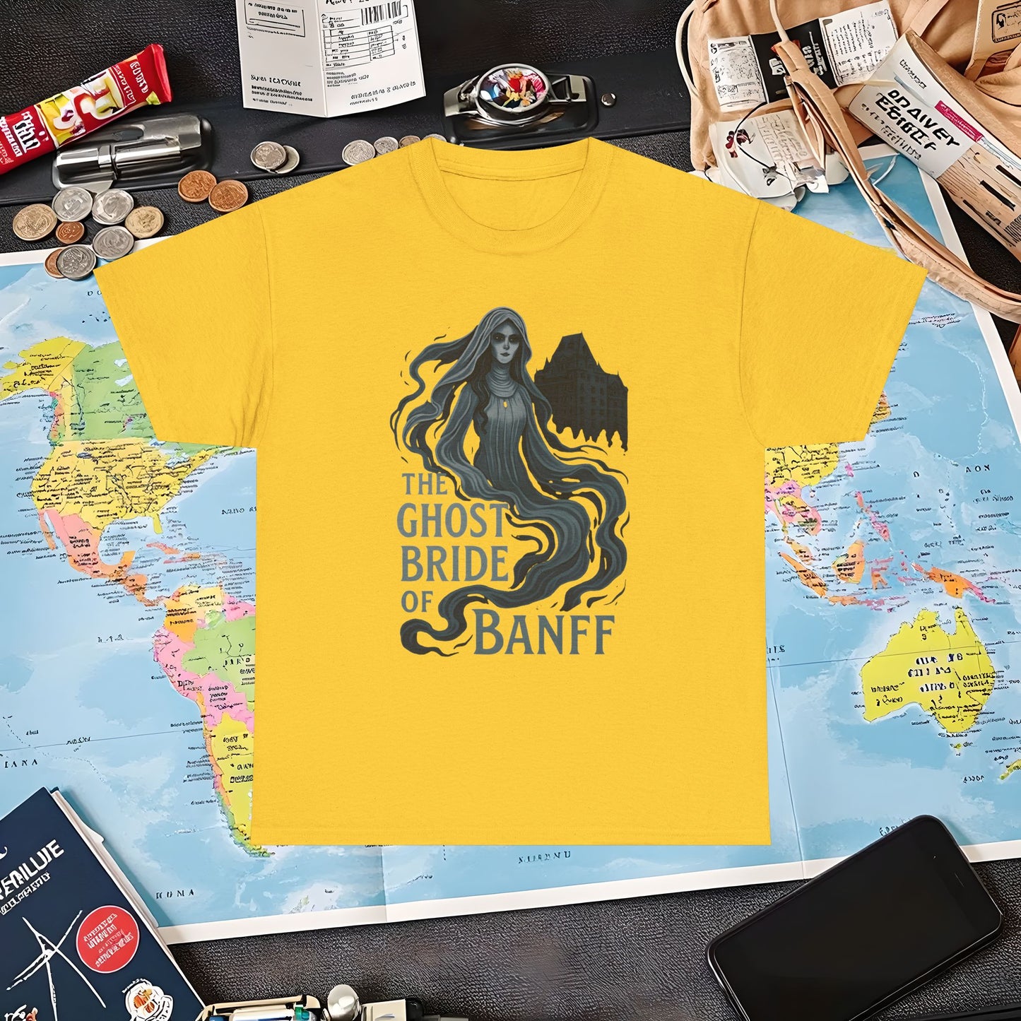 Ghostly Bride at Banff Springs Hotel Shirt – Haunted Canadian Hotel Dark Tourism Tee | Layover Club Air Travel T-Shirts | Jetsetter, Airport, and International Flight Tees