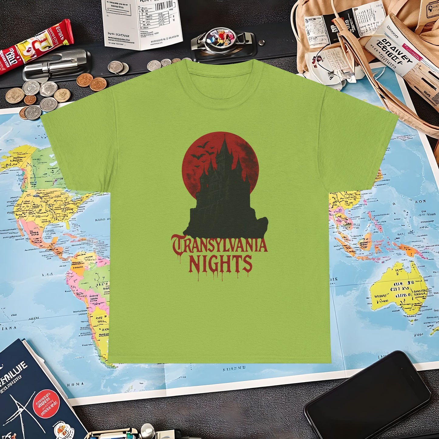 Transylvania Nights Tee – Gothic Castle Under Crimson Moon | Layover Club Air Travel T-Shirts | Jetsetter, Airport, and International Flight Tees
