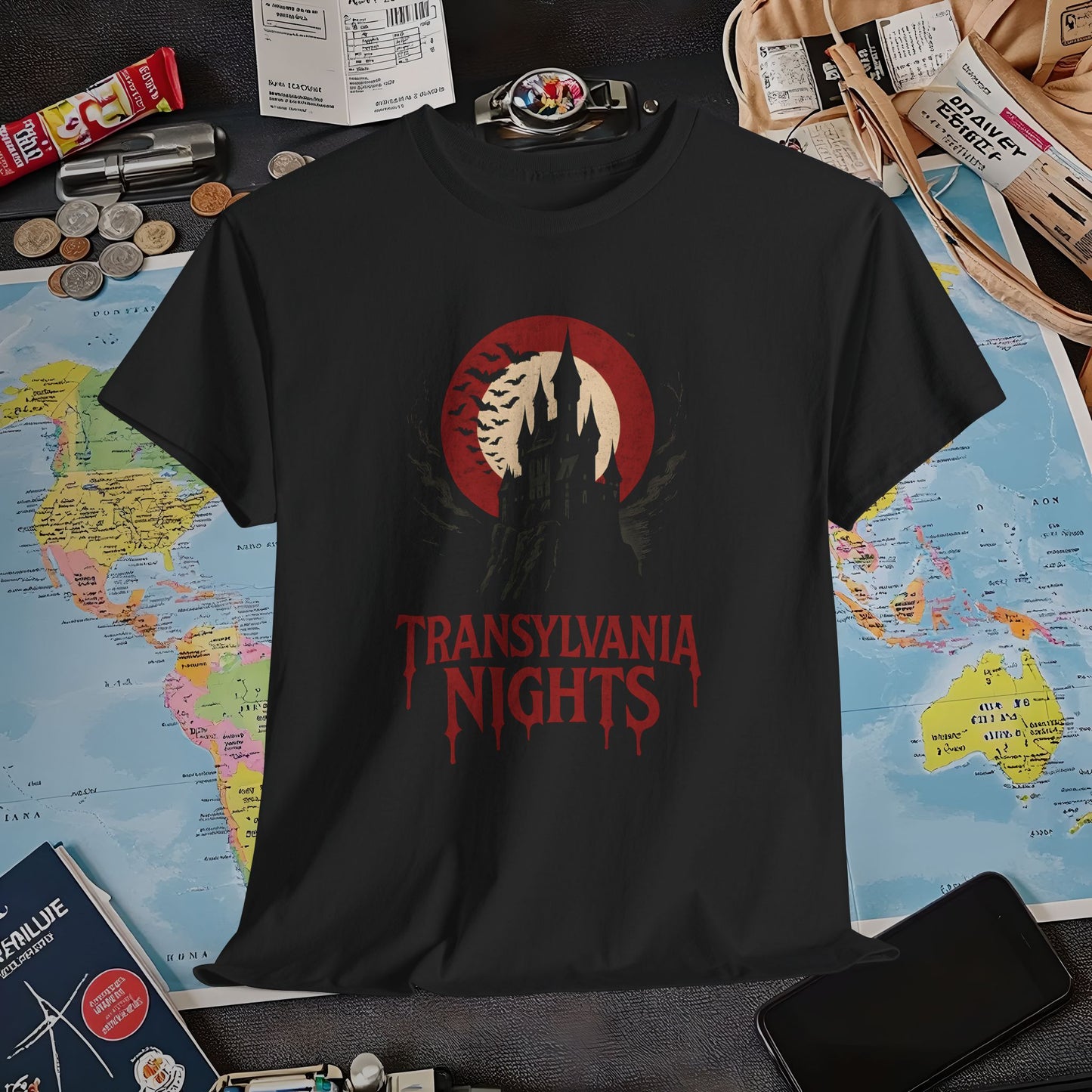 Gothic Transylvania Castle under Crimson Moon Tee – Dark Travel Romania Shirt | Layover Club Air Travel T-Shirts | Jetsetter, Airport, and International Flight Tees
