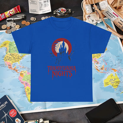 Gothic Transylvania Castle under Crimson Moon Tee – Dark Travel Romania Shirt | Layover Club Air Travel T-Shirts | Jetsetter, Airport, and International Flight Tees