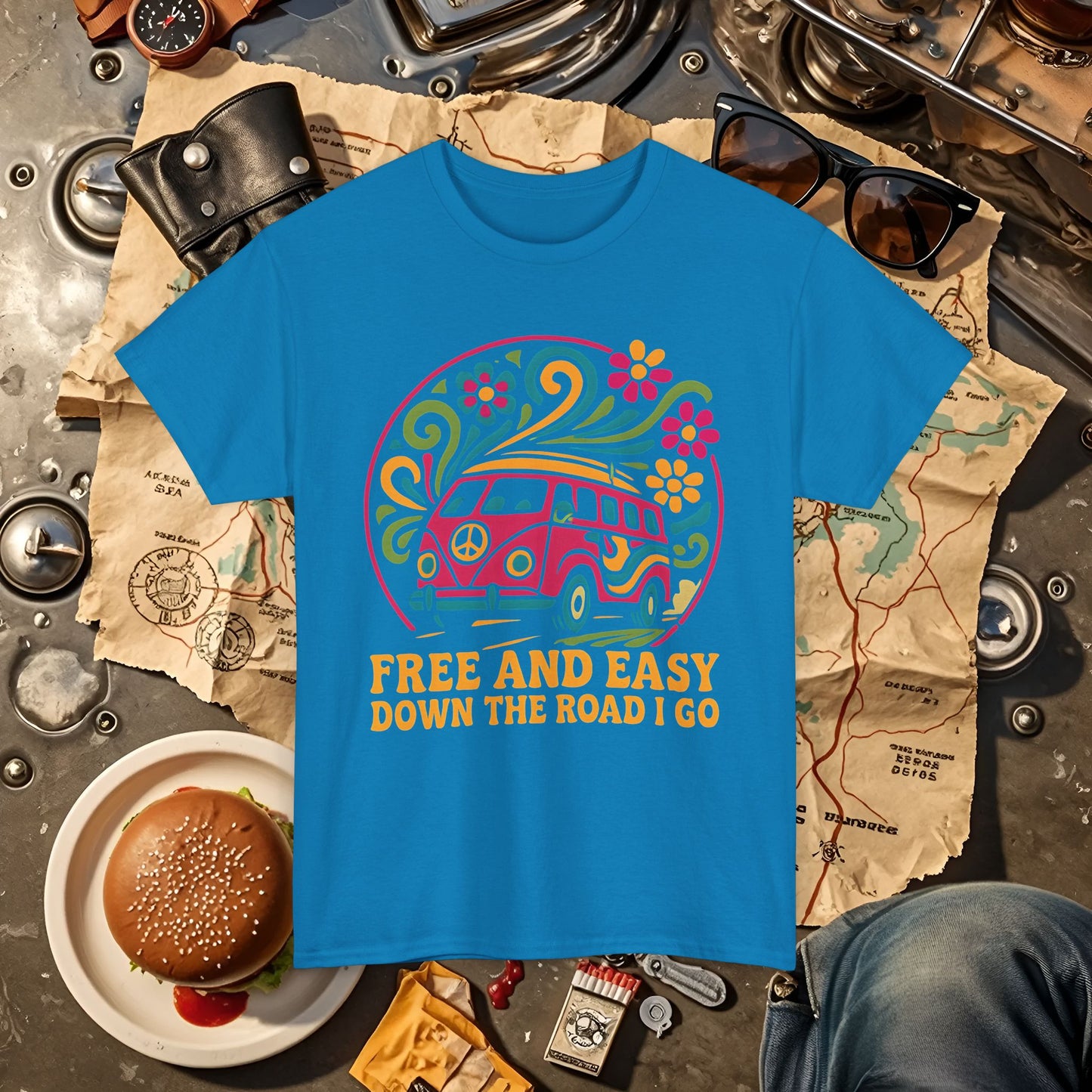 Free and Easy T-Shirt – Retro Hippie Van with Floral Freedom Vibes