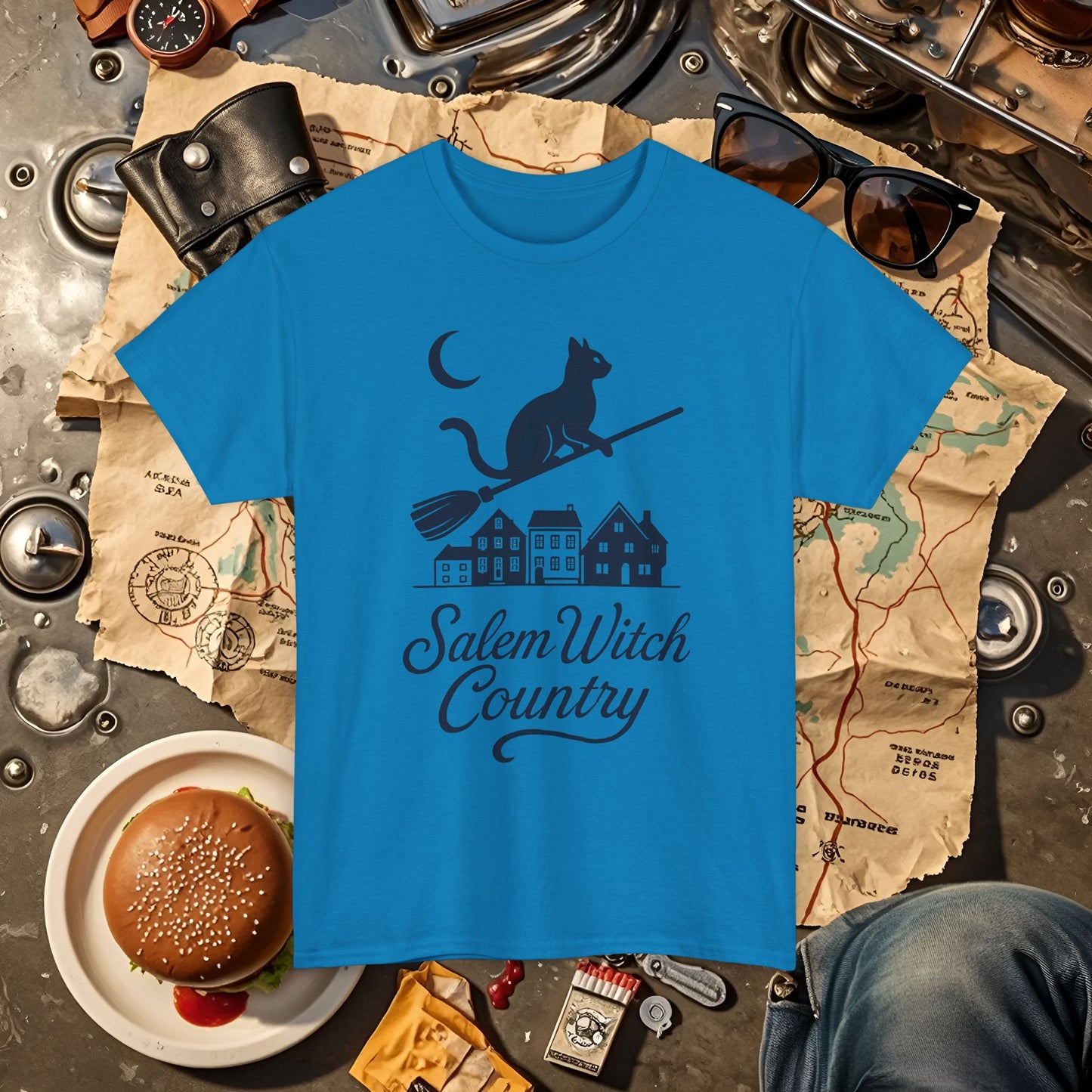 Midnight Cat on Broom – Salem Witch Country Silhouette Tee | Car, RV, and Motorcycle Adventure Tees