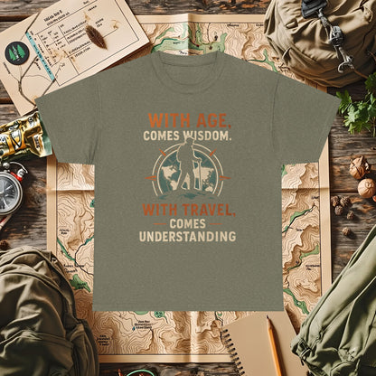 With Age Comes Wisdom, With Travel Comes Understanding Tee – Explorer Compass Design | Camping, Hiking, Rafting & Kayaking Tees for Nature Lovers