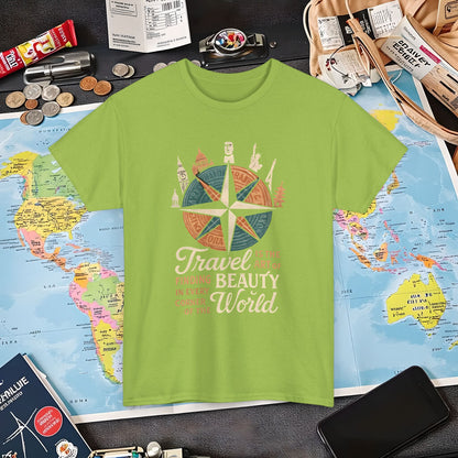 Travel Is the Art of Finding Beauty – Vintage Compass Rose & World Landmark Tee | Layover Club Air Travel T-Shirts | Jetsetter, Airport, and International Flight Tees