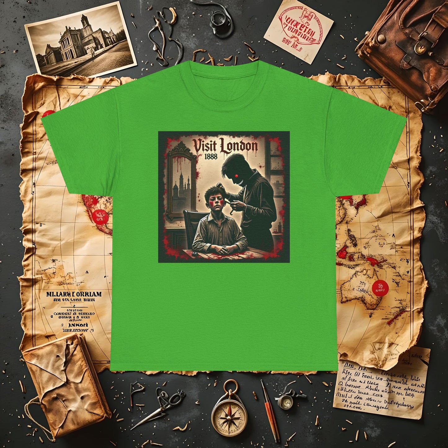 Visit London 1888 T-Shirt – Victorian Horror with Jack the Ripper and Evil Barber Art
