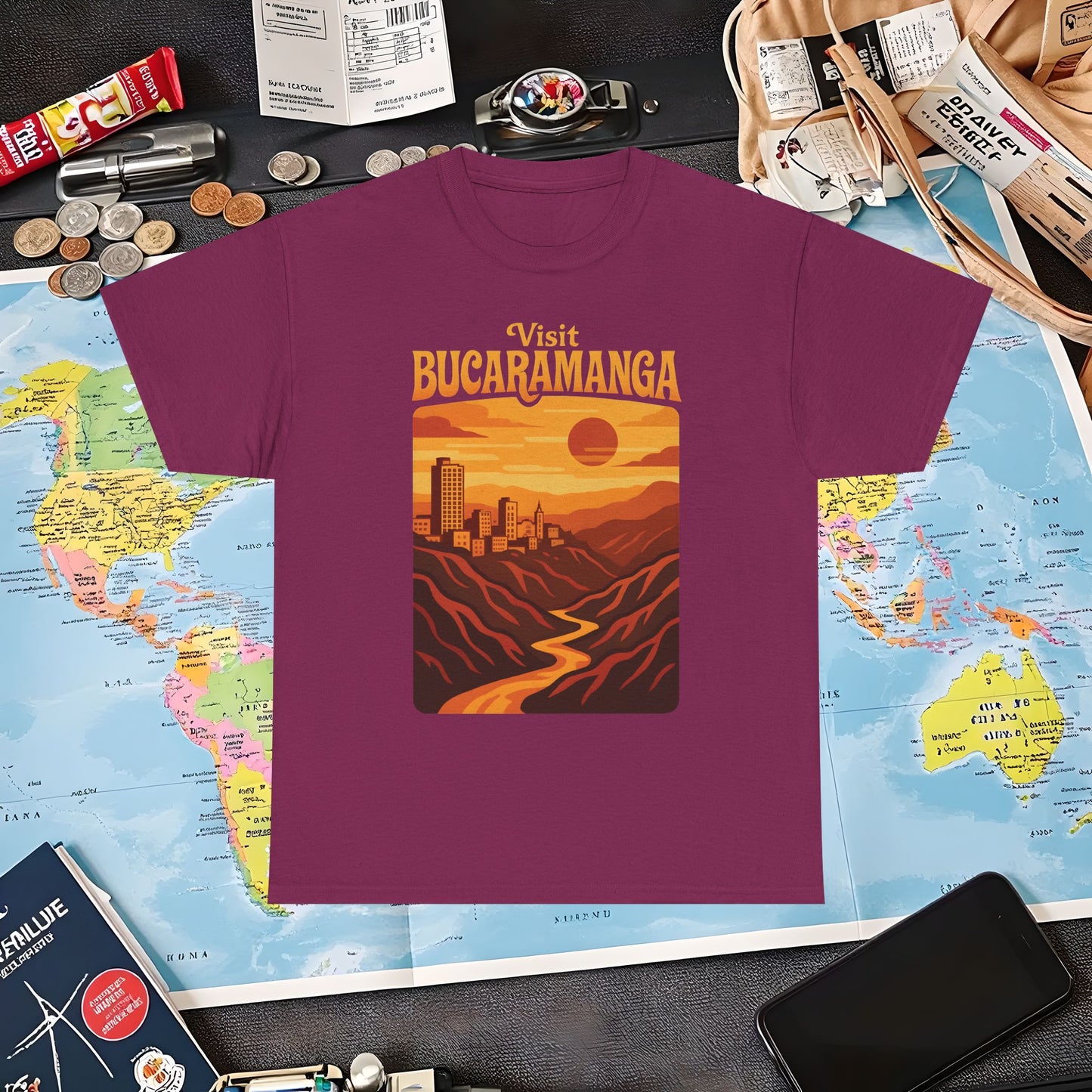 Retro Bucaramanga Skyline & Chicamocha Canyon Sunset – Vintage Colombia Travel Tee | Layover Club Air Travel T-Shirts | Jetsetter, Airport, and International Flight Tees