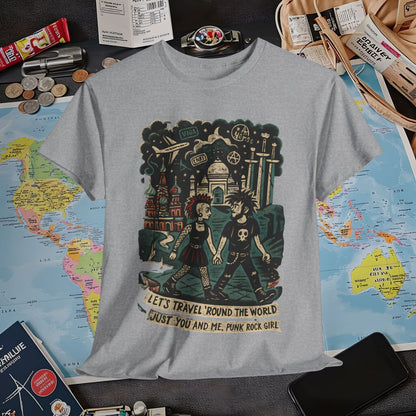 Let’s Travel 'Round the World, Just You and Me – Punk Rock Girl Global Adventure Tee Air Travel T-Shirts | Jetsetter, Airport, and International Flight Tees