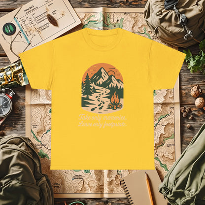 Take Only Memories, Leave Only Footprints — Sunset Mountain Trail Adventure Badge T-Shirt | Camping, Hiking, Rafting & Kayaking Tees for Nature Lovers