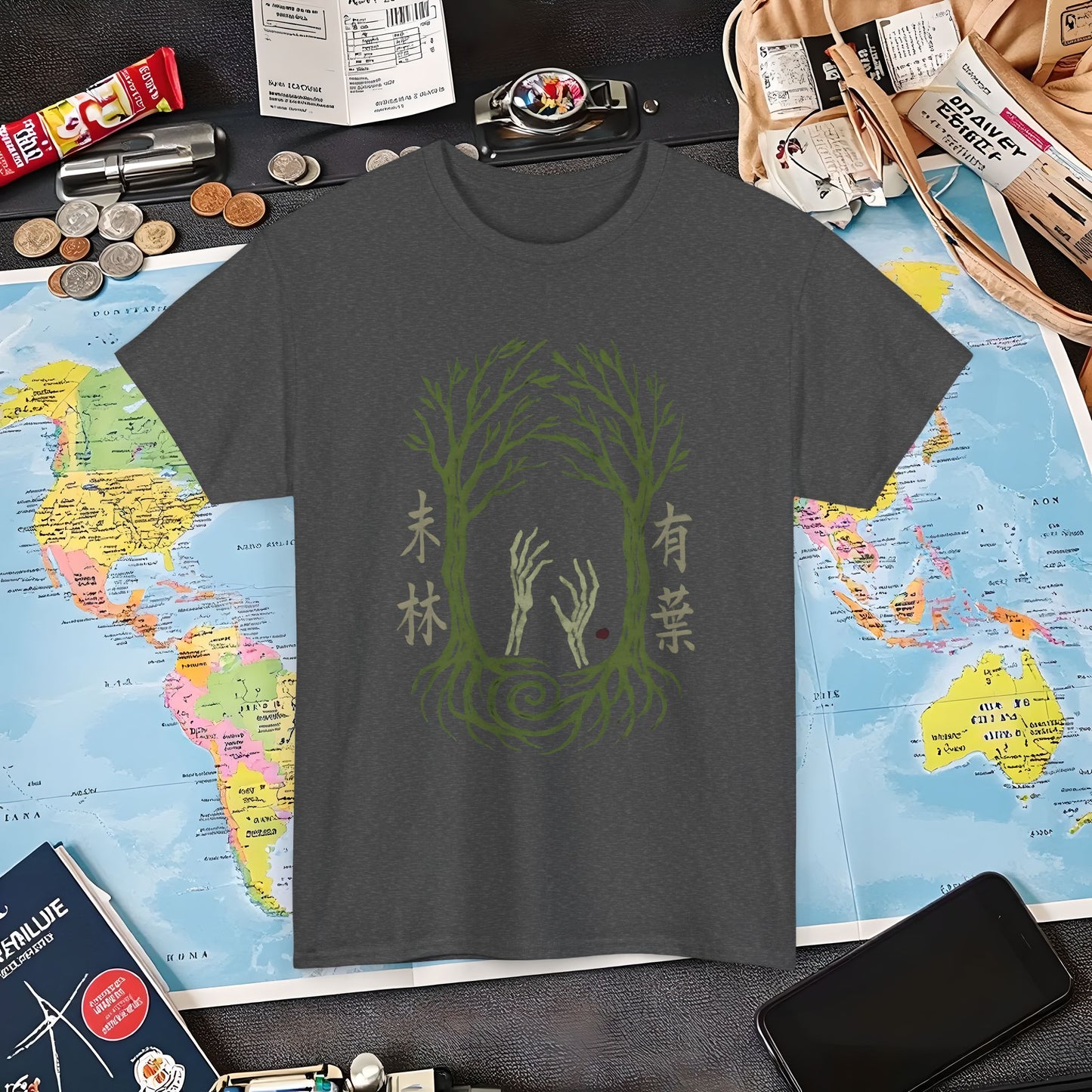 Aokigahara Tree Tunnel with Rising Skeleton Hands Tee – Haunted Japan Travel Shirt | Layover Club Air Travel T-Shirts | Jetsetter, Airport, and International Flight Tees