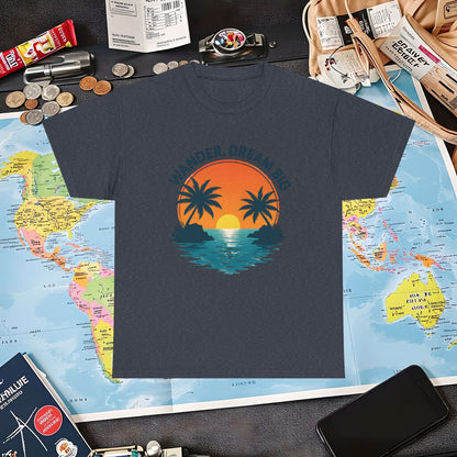 Wander Dream Big T-Shirt – Tropical Sunset with Palm Silhouettes Design Air Travel T-Shirts | Jetsetter, Airport, and International Flight Tees