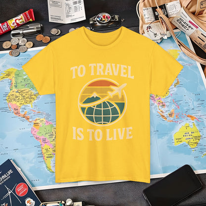 To Travel Is To Live – Vintage Globe & Airplane Travel Badge Tee (Layover Club) Air Travel T-Shirts | Jetsetter, Airport, and International Flight Tees