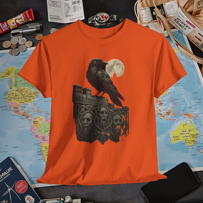 Gothic Crow on Edinburgh’s Haunted Battlements Tee – Dark Tourism Scotland Shirt | Layover Club Air Travel T-Shirts | Jetsetter, Airport, and International Flight Tees