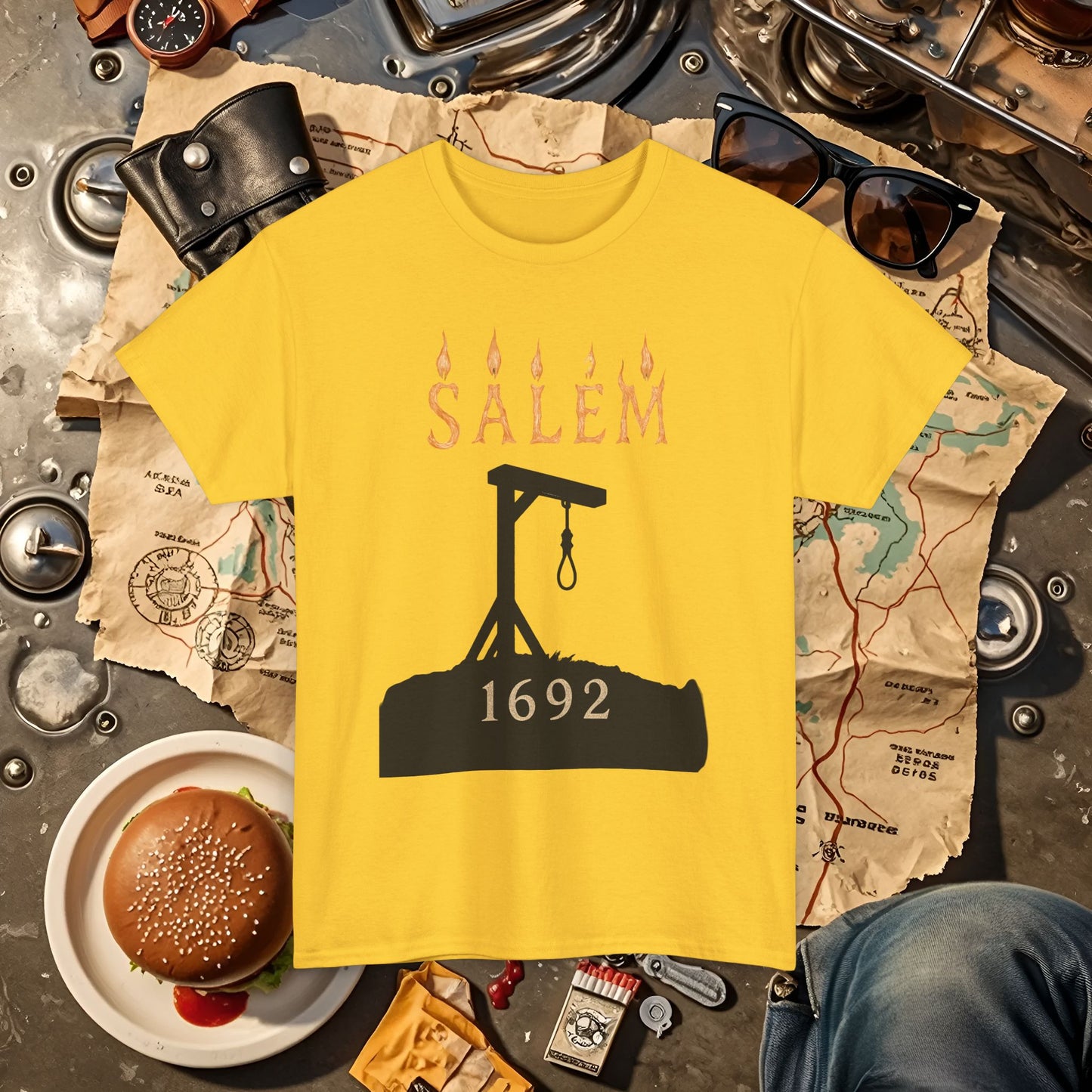 Salem 1692 Gothic Noose & Candle Flame Typography Tee – Witch Trials Dark History Shirt | Car, RV, and Motorcycle Adventure Tees