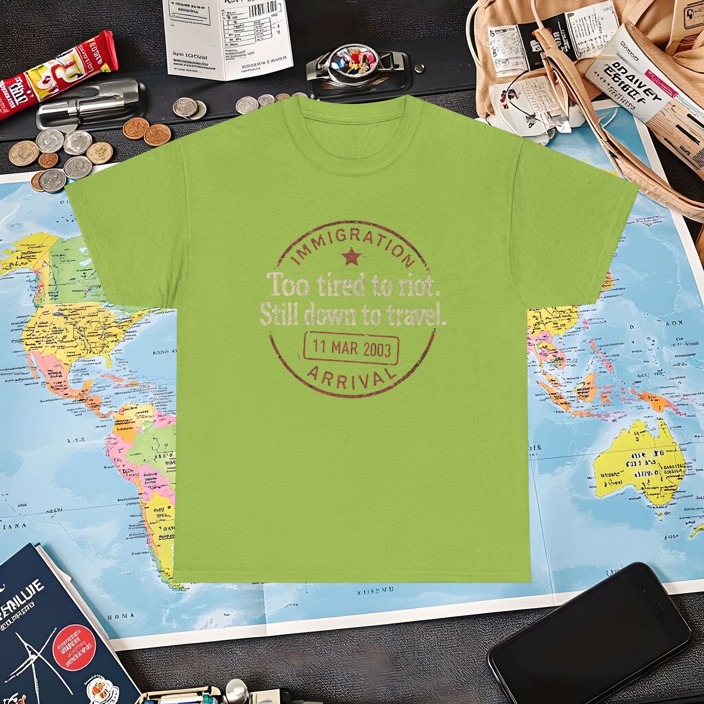 Too Tired to Riot, Still Down to Travel – Vintage Passport Stamp Travel Quote Tee Air Travel T-Shirts | Jetsetter, Airport, and International Flight Tees