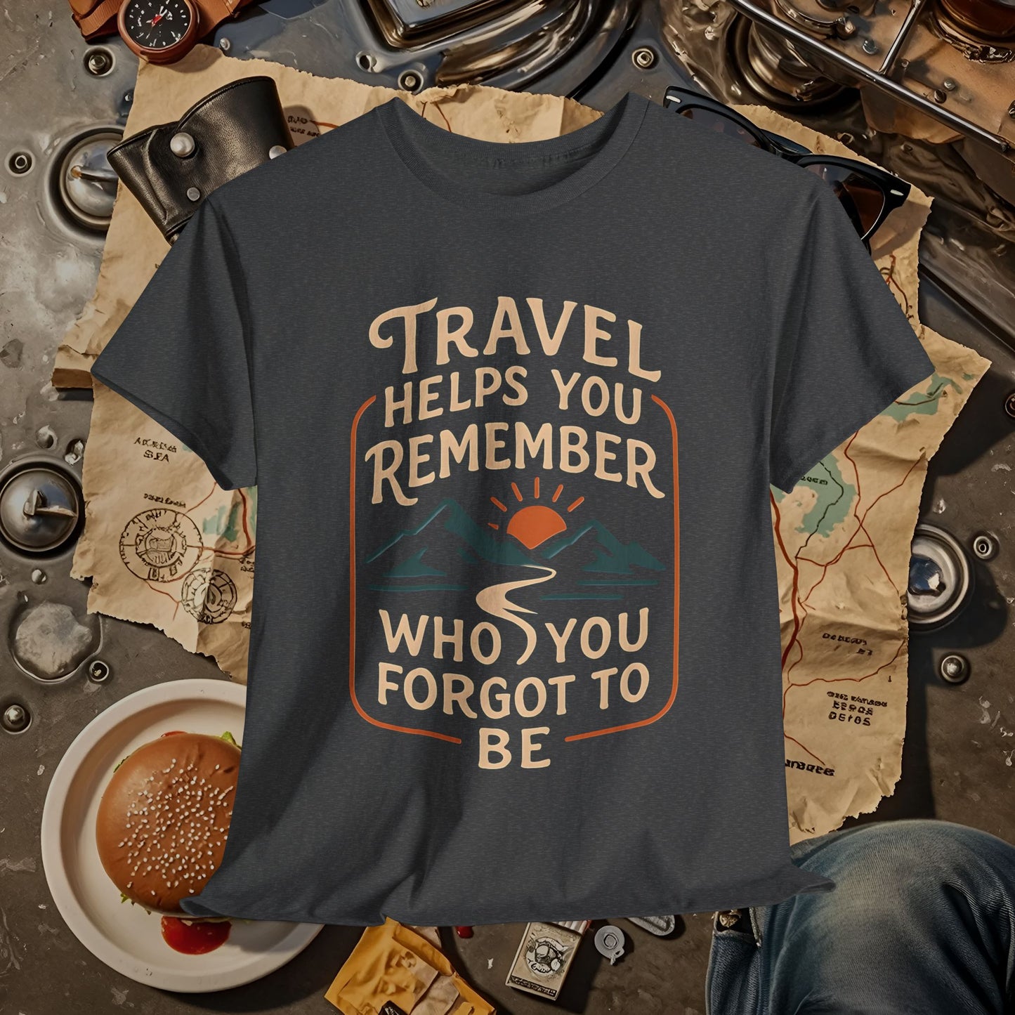 Travel Helps You Remember Who You Forgot to Be Tee – Retro Mountain Road Quote Shirt Road Trip & Vehicle Travel T-Shirts | Car, RV, and Motorcycle Adventure Tees