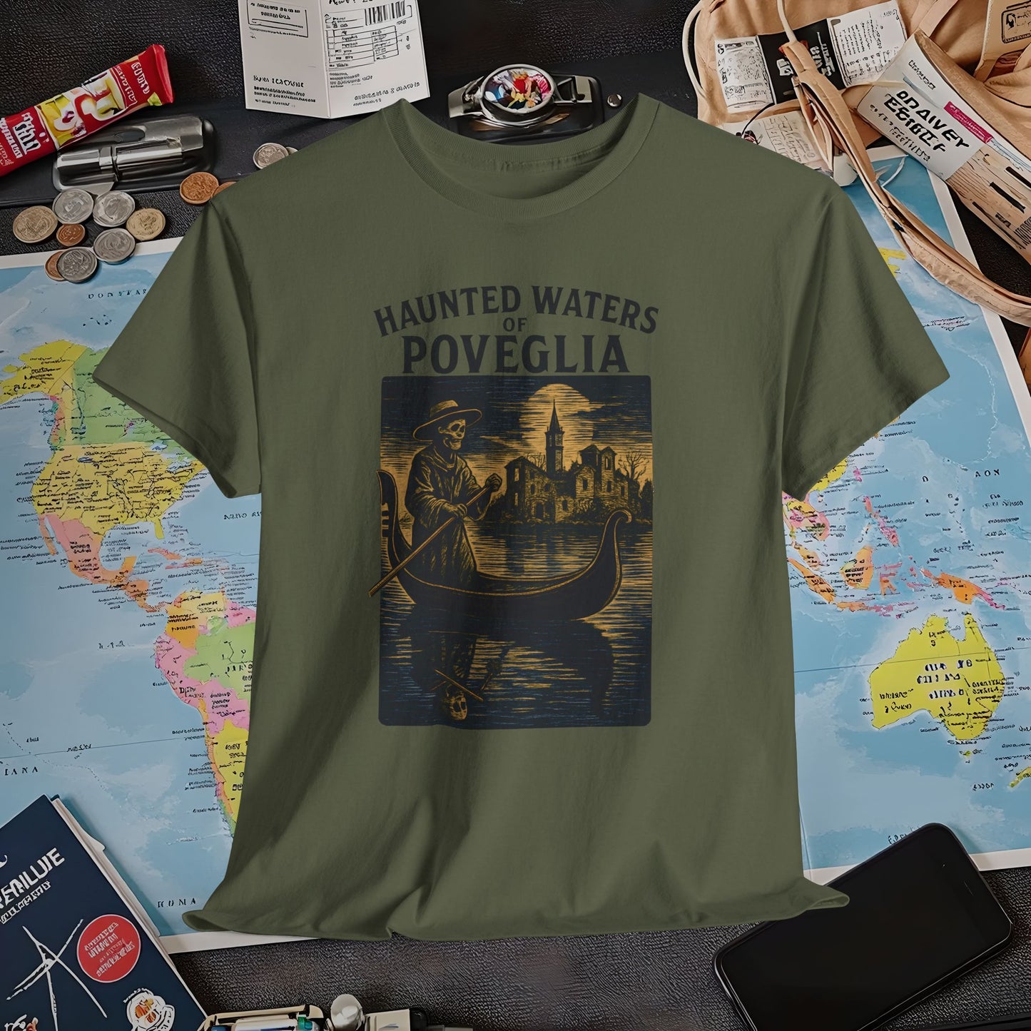 Skeletal Gondolier of Haunted Poveglia – Dark Venetian Ghost Travel Tee| Layover Club Air Travel T-Shirts | Jetsetter, Airport, and International Flight Tees