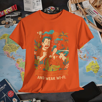 Cursed with Wanderlust and Weak Wi-Fi – Funny Tropical Traveler Frustration Tee Travel T-Shirts | Jetsetter, Airport, and International Flight Tees
