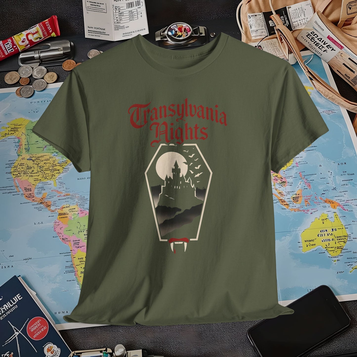 Transylvania Nights Gothic Castle Silhouette Tee – Dark Travel Romania Shirt | Layover Club Air Travel T-Shirts | Jetsetter, Airport, and International Flight Tees