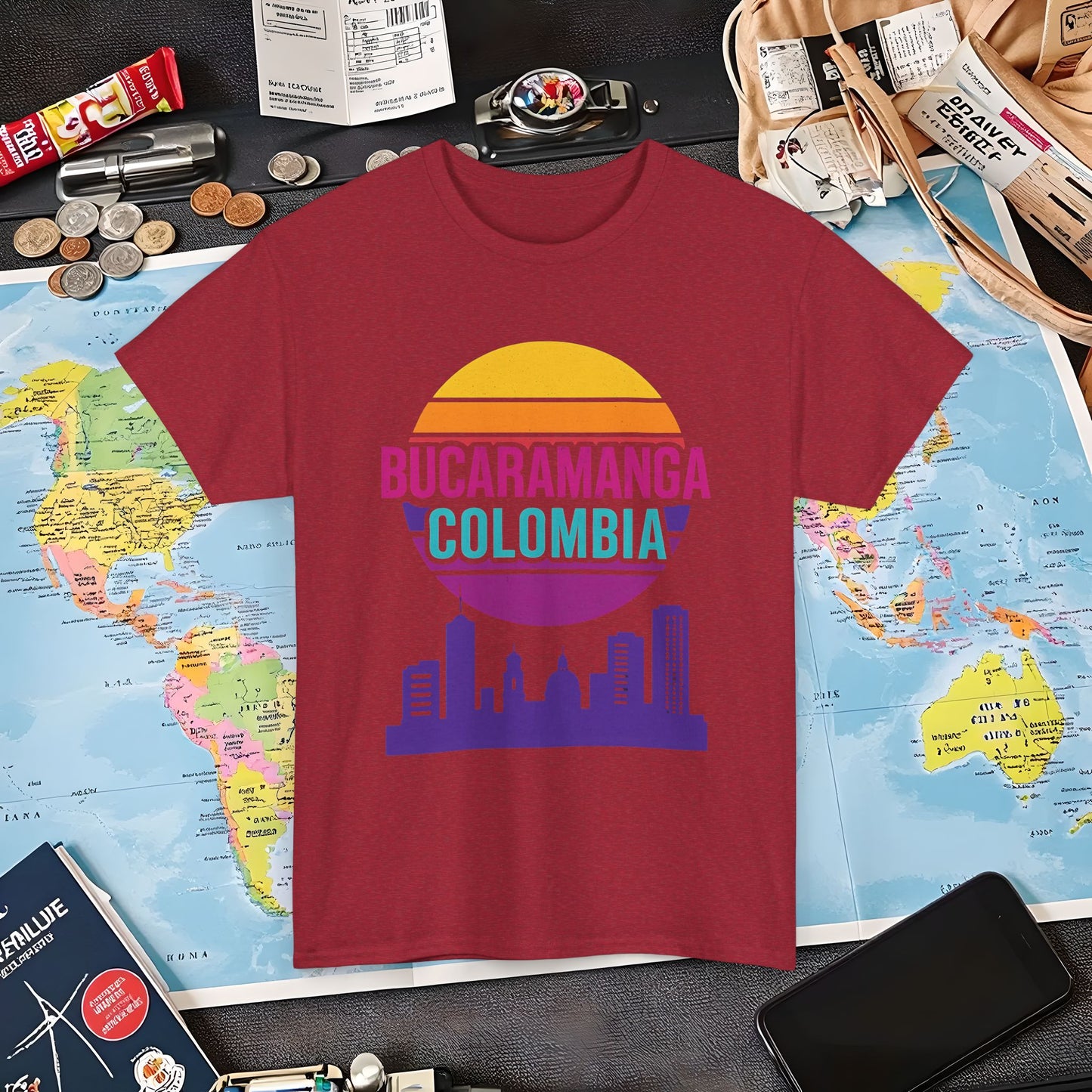 Retro Bucaramanga Skyline Sunset Tee – Vintage Colombia Travel Shirt| Layover Club Air Travel T-Shirts | Jetsetter, Airport, and International Flight Tees