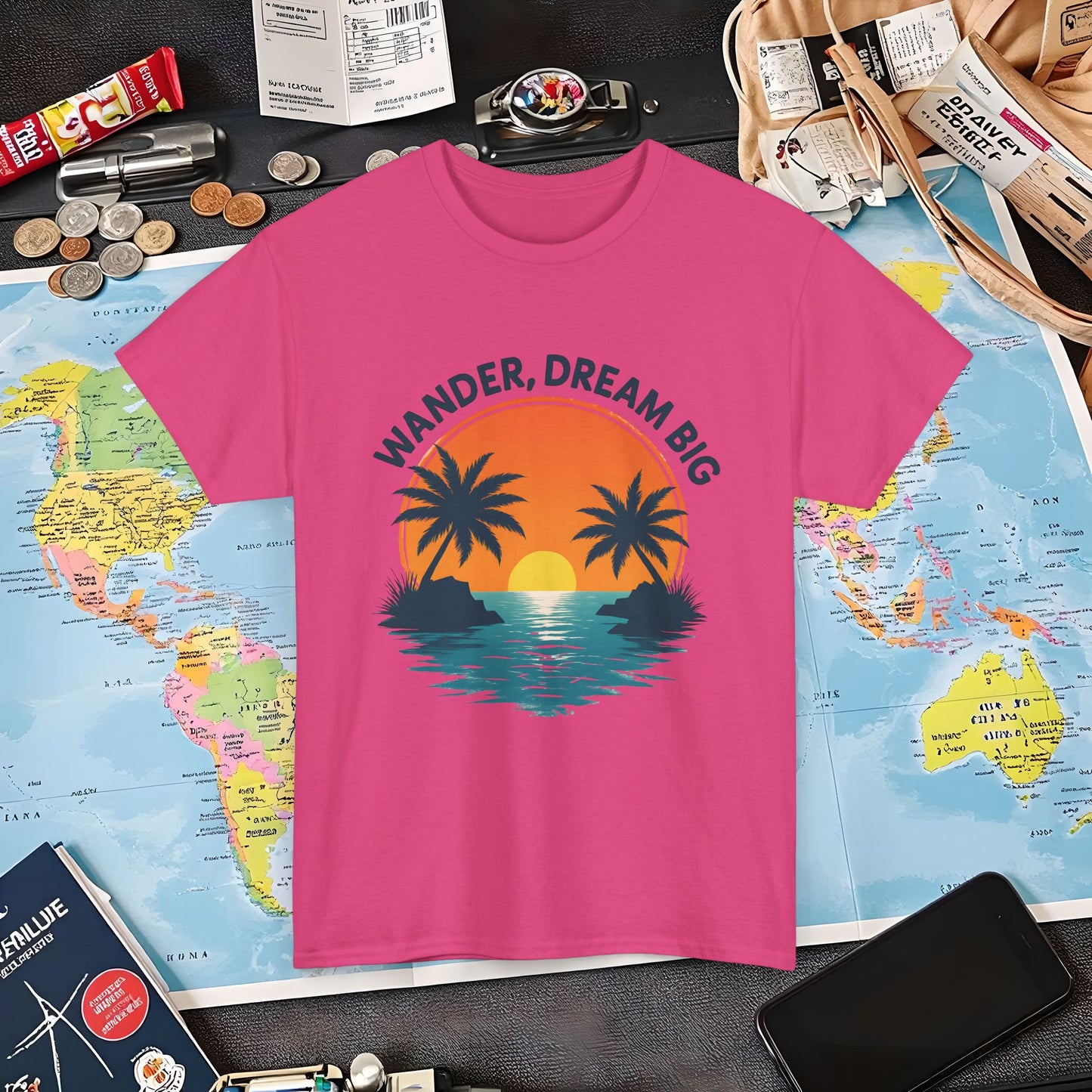 Wander Dream Big T-Shirt – Tropical Sunset with Palm Silhouettes Design Air Travel T-Shirts | Jetsetter, Airport, and International Flight Tees