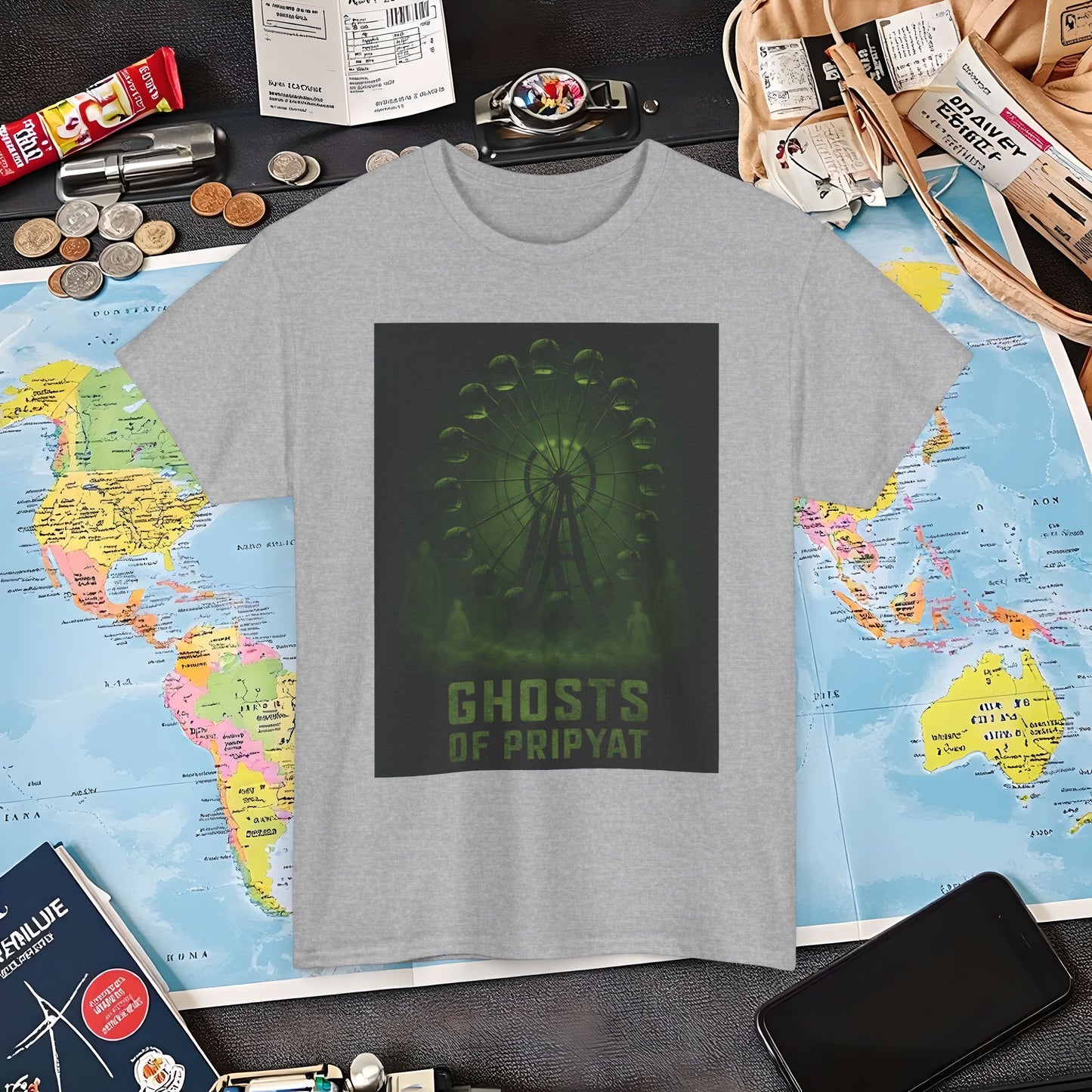 Neon Green Pripyat Ferris Wheel & Ghostly Silhouettes Tee – Chernobyl Dark Tourism Shirt | Layover Club Air Travel T-Shirts | Jetsetter, Airport, and International Flight Tees