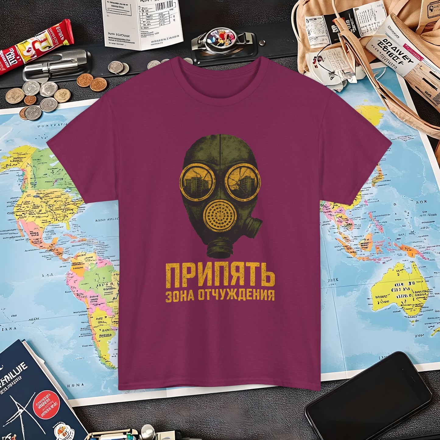 Pripyat Gas Mask with Ruined Apartment Reflection Tee – Chernobyl Dark Tourism Shirt | Layover Club Air Travel T-Shirts | Jetsetter, Airport, and International Flight Tees