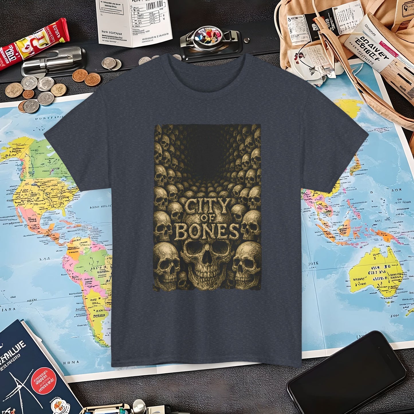 City of Bones Paris Tee – Gothic Skull Catacomb Tunnel Artwork | Layover Club Air Travel T-Shirts | Jetsetter, Airport, and International Flight Tees