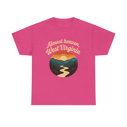 Almost Heaven, West Virginia T-Shirt – Vintage Appalachian Sunset with Winding River Road Trip & Vehicle Travel T-Shirts | Car, RV, and Motorcycle Adventure Tees
