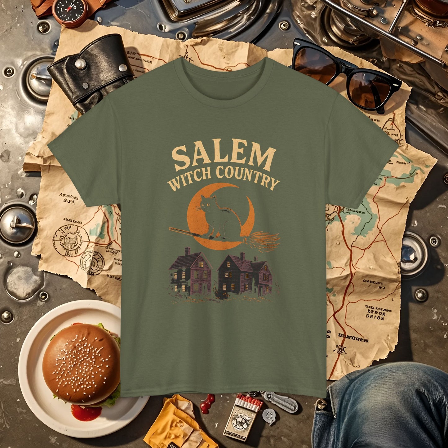 Salem Witch Country Black Cat & Moon Graphic Tee – Gothic Massachusetts Travel Shirt | Car, RV, and Motorcycle Adventure Tees