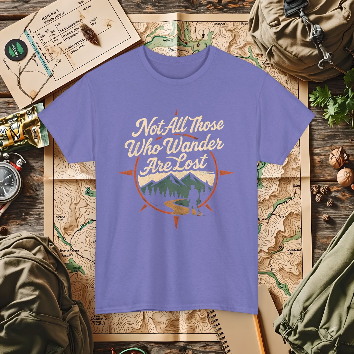 Not All Who Wander Are Lost – Vintage Compass Mountain Tee | Camping, Hiking, Rafting & Kayaking Tees for Nature Lovers