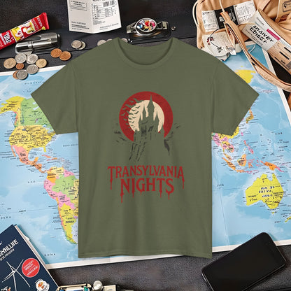 Gothic Transylvania Castle under Crimson Moon Tee – Dark Travel Romania Shirt | Layover Club Air Travel T-Shirts | Jetsetter, Airport, and International Flight Tees