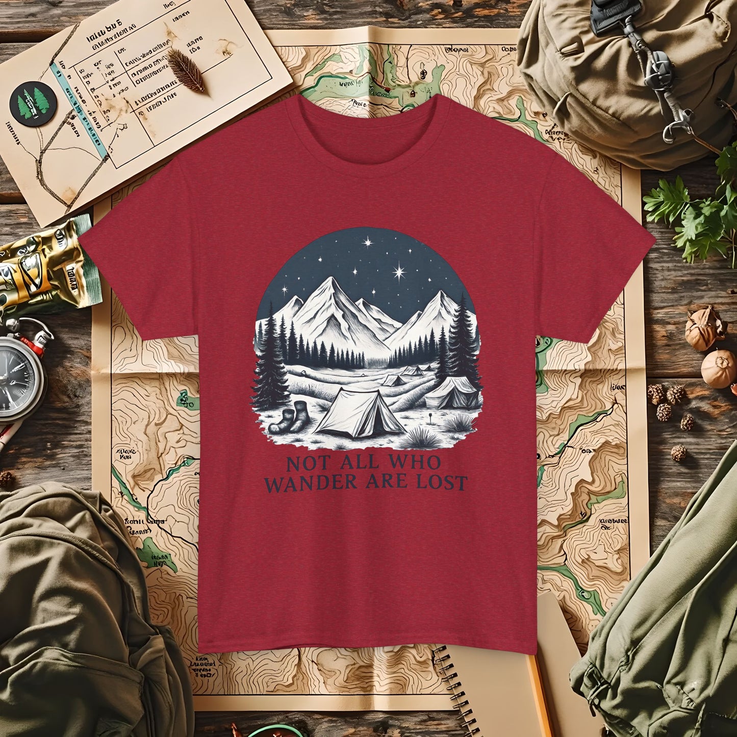 Not All Who Wander Are Lost T-Shirt – Mountain Camping Under Starry Night Camping, Hiking, Rafting & Kayaking Tees for Nature Lovers