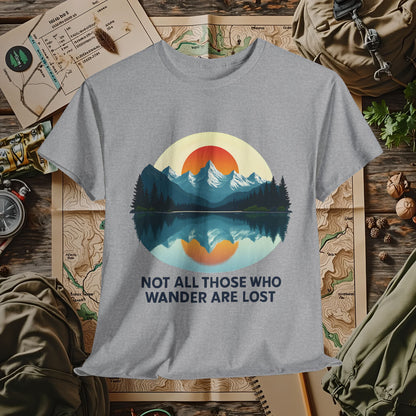Not All Who Wander Are Lost T-Shirt – Sunset Over Mountain Lake and Forest Reflection Camping, Hiking, Rafting & Kayaking Tees for Nature Lovers